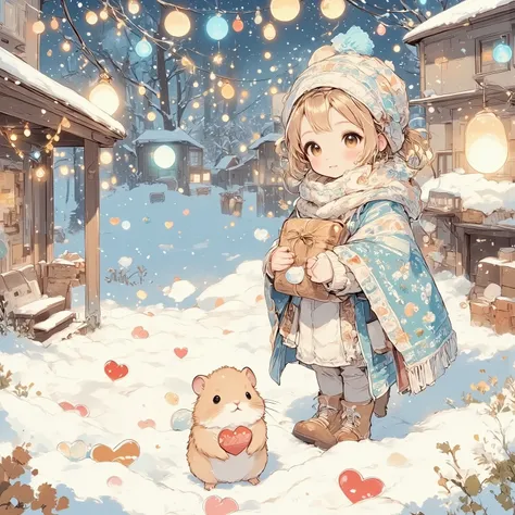 In the heart of a snowy courtyard, where silence is painted with whispers of the cold breeze, a scene of innocence and warmth unfolds. (The girl stands in this frigid embrace, wrapped in layers woven with sprawling blue and white Nordics, her cheeks painte...