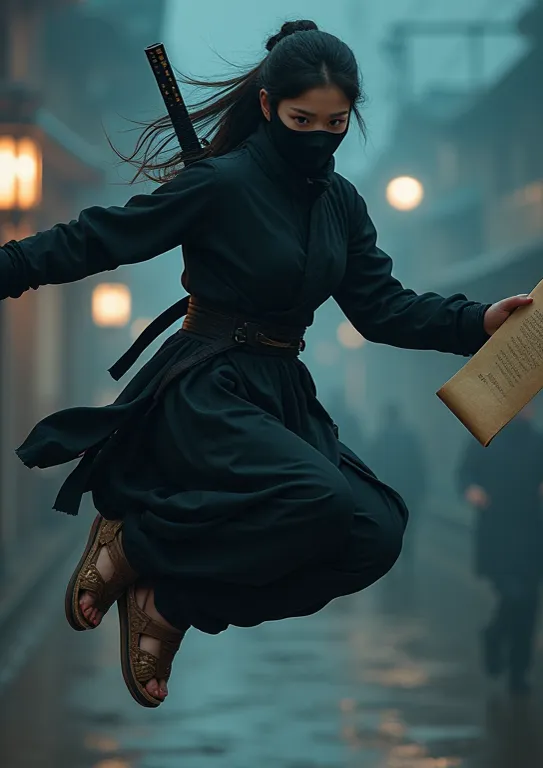 (( perfectly beautiful 20-year-old Japanese female ninja)),  (((A mask only visible to the eye))), (((Wearing straw sandals ))), ((( jumping high ))), ( Masterpiece: 1.3), (8k,  by Nomi,  RAW Photo ,  highest quality: 1.4), sharp eyes, ((( looking at the c...