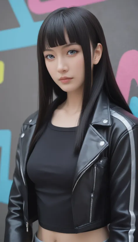 score_9_ up , score_8_ up , score_7_ up , Abstract, 1 girl, alone, Age 25, PERFECT FACE IN DETAILS, Close view ,(adult), Hinata_Hyūga's, Dark Blue Hair, Long Hair, White Eyes, sexy, Hime-Cut Hair, stares at viewers, leather jacket, black crop top, cy...