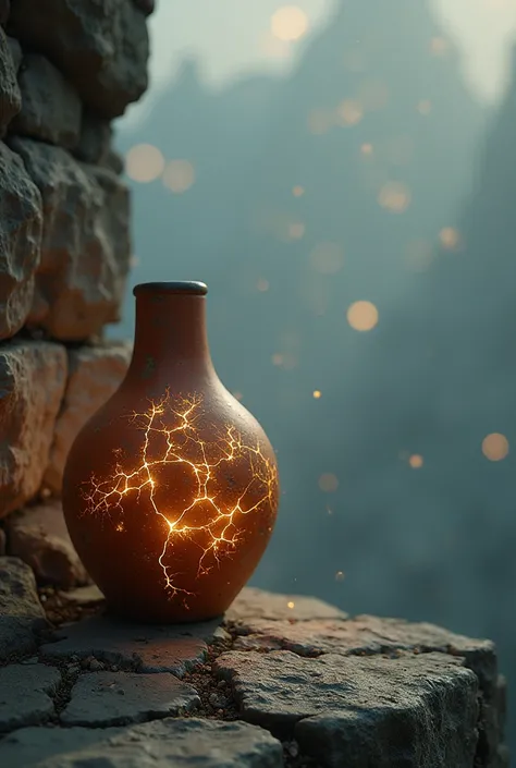 A clay jar at the shown left side with cracks on it and light coming out of the cracks, background heavenly 