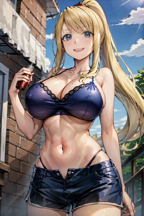 blonde、ponytail、blue eyes、Super huge breastsblue eyes、Super huge breasts、Shorts、High resolution、highest quality、Detailed face、Fine grain,、アニメ萌えアートvinegarタイル、abdomen、belly button、Big smile、Outdoor、Cowboy Shot、vinegar、Plush panties、lingerie、stomach