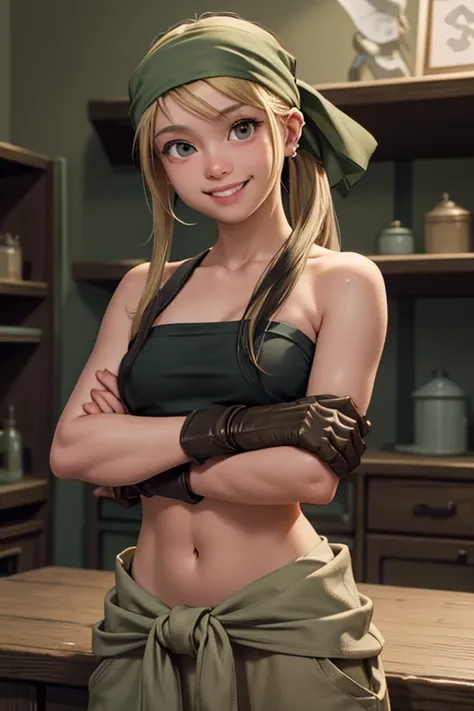 masterpiece, best quality, winry rockbell, earrings, green bandana, black tube top, strapless, midriff, clothes around waist, beige pants, brown gloves, upper body, smile, workshop, grin, looking at viewer, crossed arms, flashing breasts