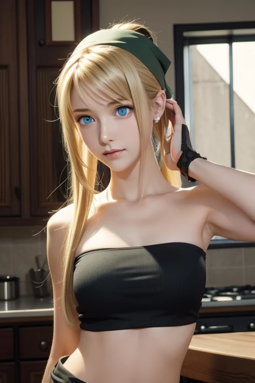 winryrockbell, winry rockbell, blue eyes, blonde hair, BREAK gloves, navel, cleavage, bare shoulders, collarbone, earrings, midriff, pants, stomach, bare arms, strapless, green bandana, bandeau, black tube top, grey gloves, BREAK indoors, BREAK looking at ...