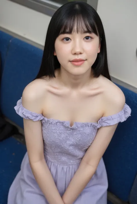   worn by a high resolution young Japanese female idol wearing O「Cuckie 」 photos,  alone,   in the seat,   off-the-shoulder dress with straight black hair ,   focus on the face  ,   Face Up ,   looking at the camera,   A  ,   has white skin on a streetcar ...