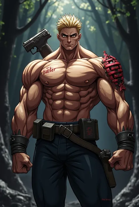 Make a muscles anime with HUNTER written on its back