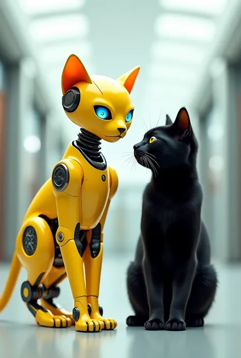 A yellow robot cat stands next to the real black cat