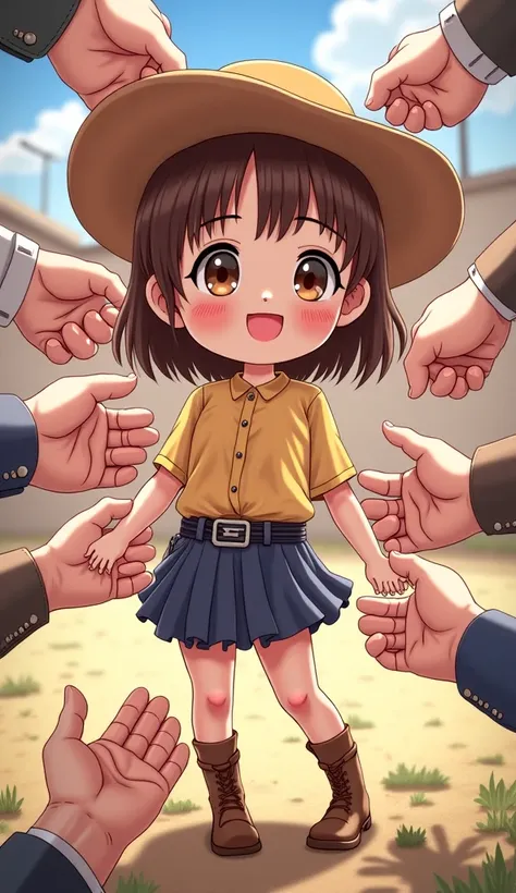 Anime very cute chibi little cowgirl 9years old wearing a very short skirt and wearing shoes full body image with a group of men's hands around her body hands holding girl's hands and hands holding girl's legs and hands touching girl's thigh and hands touc...