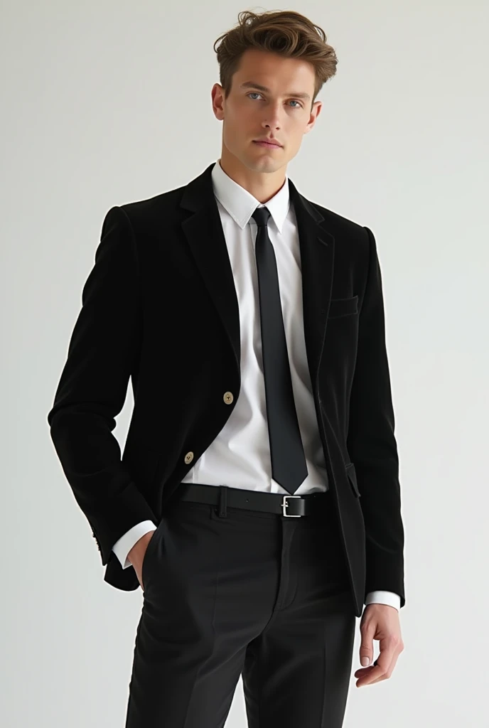 White jeans, white formal shirt with black tie, corduroy crop top jacket black colour