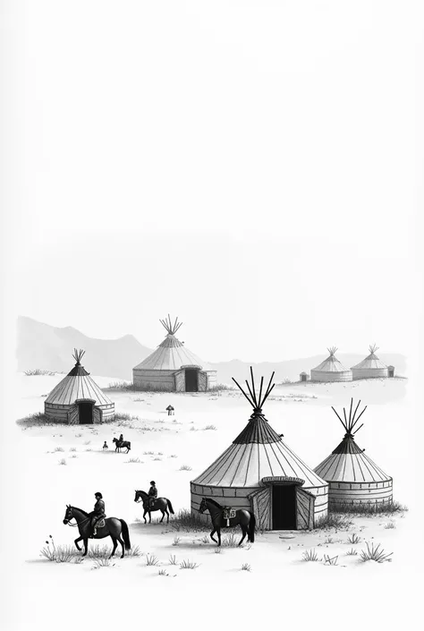 draw an image on the Nauryz theme, minimalistic, the background is white, black and white shades, display Kazakh ornaments and aesthetics of Kazakh traditions, add more details, people, horses, yurts, but there should be a Kazakh ornament around, in the fo...