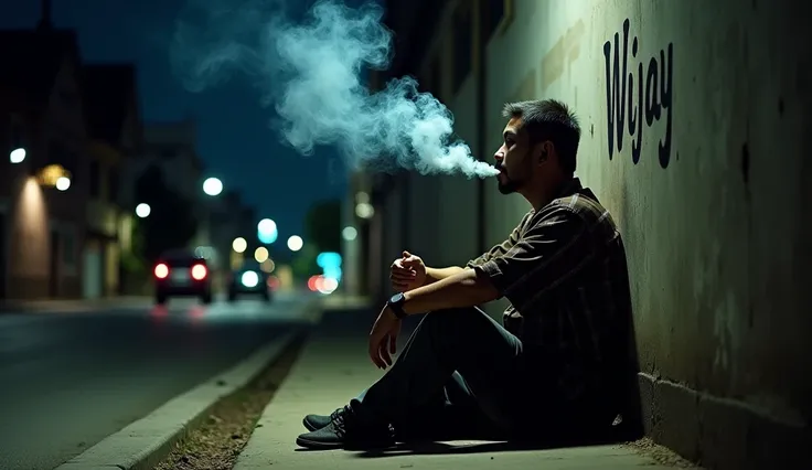  real , Photo,  masterpiece ,  Indonesian man , Sitting on the roadside ,  at night smoking ,  looks like cigarette smoke billowing,  leaning against the wall ,  on the wall there is an inscription "WiJay' .