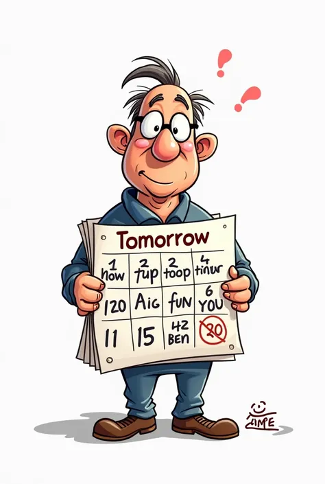 Draw a cartoon calendar or planner with "TOMORROW" repeatedly written on each day, highlighting Aman's procrastination. Style: humorous, bold lines. Background: plain white.