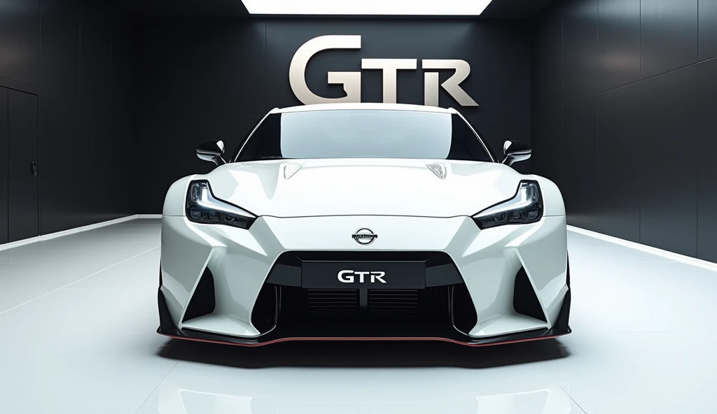 A stunning, futuristic (2025 nissan gtr) takes center stage in a luxury white showroom. The vibrant (white) exterior gleams, drawing attention to its sleek, aerodynamic design and bold accents. The ( gtr) " is prominently displayed in large, metallic lette...