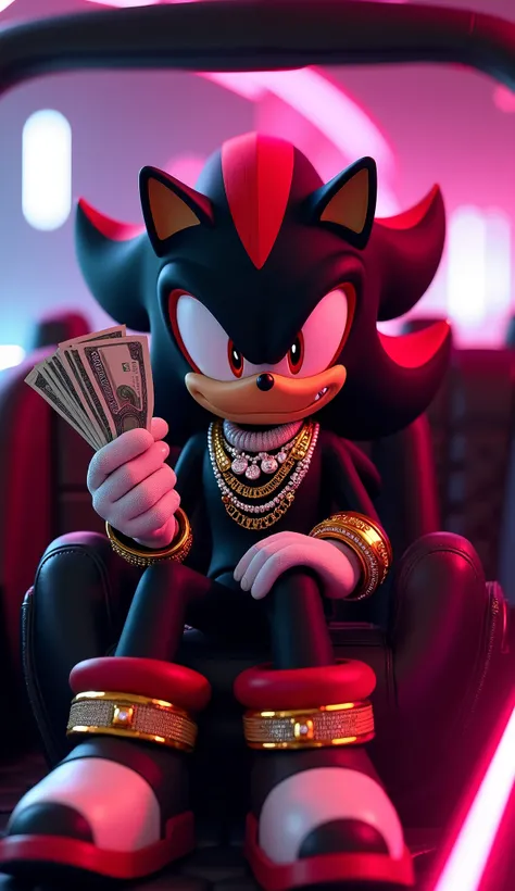 "Shadow the Hedgehog, the iconic dark antihero from Sonic, sitting inside a luxurious car with a neon-lit interior. He wears multiple diamond-studded chains, oversized rings, and a luxury watch, exuding wealth and power. Holding a stack of hundred-dollar b...