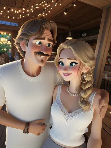 A 3D cartoon-style couple in a cozy wooden restaurant, inspired by Pixar. The man has short brown hair, a mustache, and a white t-shirt, while the woman has long wavy blonde hair, a lace-trimmed tank top, and pearl jewelry. They are smiling warmly, standin...