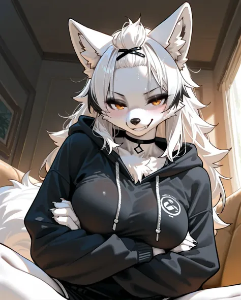 1girl, (furry, furry female:1.4), animal ear fluff, animal nose, snout, [medium breasts:1.9], curvy, blush, masterpiece, best quality, amazing quality, very aesthetic, newest, furry female, breasts, looking at viewer, arctic wolf furry, arctic wolf ears, a...