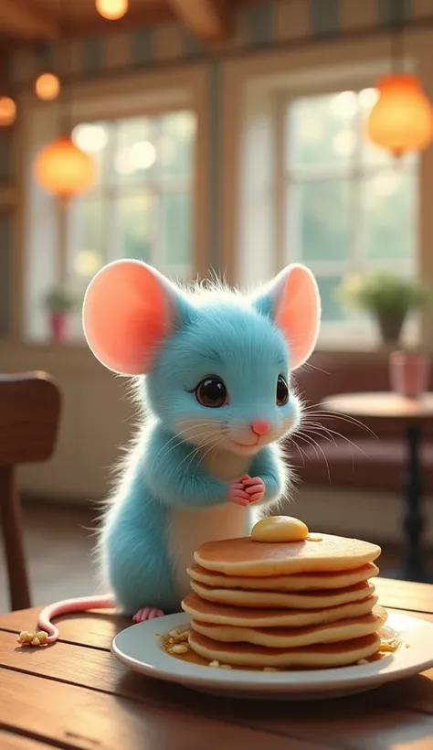  Fantastic　 real 　 fashionable coffee shop　 pancakes that have been half eaten are on 　 cute fluffy light blue mouse　My body has become a parfait full of fruit