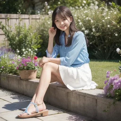 A woman drinking coffee in the garden, sitting on the edge of a flowerbed, wearing a light blue blouse, white skirt, and sandals.The diagonal front view captures her whole body, emphasizing her relaxed posture.In the background, colorful flowers are bloomi...