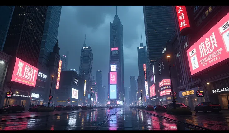 A dark city skyline with neon lights reflecting on wet pavement.