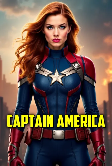 A Caucasian woman, likely in her late 20s or early 30s, is depicted as Captain America.  She is centered in the image,  wearing a form-fitting,  blue superhero suit with red accents. The suit features a star-shaped emblem on her chest. She has long, wavy, ...