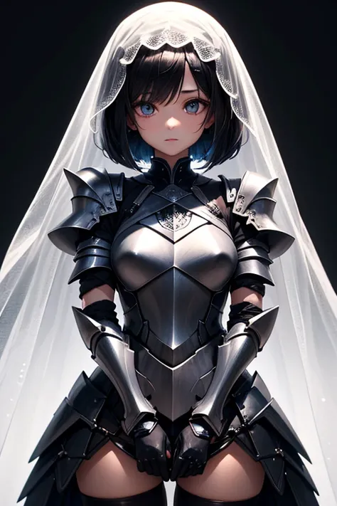  highest quality,   ultra high resolution, (( girl))、 bob cut black hair,I have an ash dagger、Colored eyes, brown skin, armor with a tagger,Veil