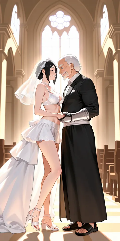 Masterpiece, old men, raikage, tall, big body, muscular body, give congratulations to Hinata, shake hands, and smile, face to face, standing in front, elegant mature woman, hinata\(naruto\), white eyes, hair bridal style, black color hair, forehead, wearin...