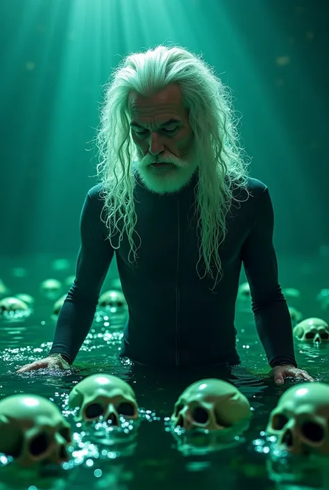 Take a photo of an impressively beautiful ca.  60-year-old man with very long white curls and a short 3-day beard and a tight-fitting fish-like suit,  getting into water ,  that glows green-purple and starts cooking . Many skulls swim in it .