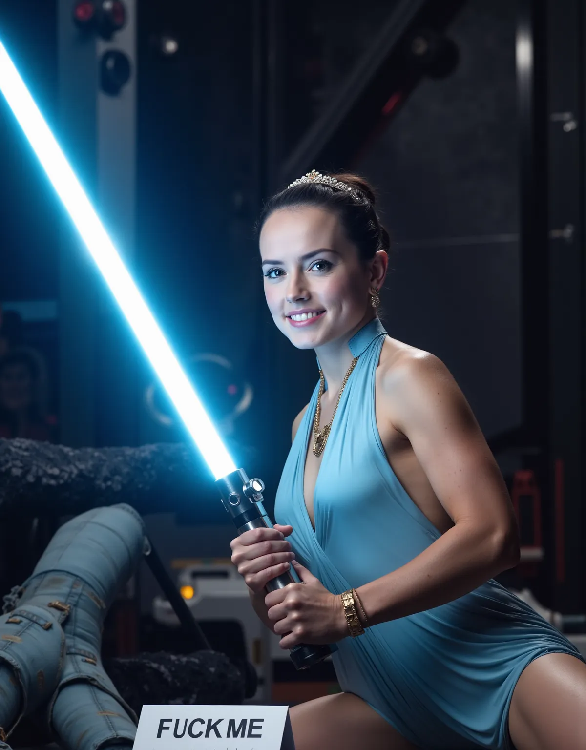 Breathtaking photography of ohwx as DaisyRidley with lightsaber, (perfectly sharp:1.3), (head to shoulders composition:1.4), realistic textures, (deep focus:1.1), 8k uhd, dslr, ultra high quality image, Fujifilm XT3, (sensual lips, eyelashes, sexy makeup),...