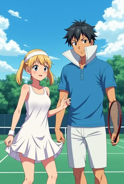 Anime, Lucina is wearing a Tennis Dress she is playing Tennis and holding up her skirt with her boyfriend he's wearing a Blue Massive Popped Collar Polo with a collar so high it's taller than his head