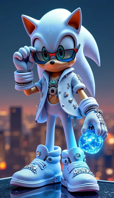 "Silver the Hedgehog, standing on a rooftop helipad at night, wearing an all-white designer outfit with silver and diamond accessories. His sneakers are custom-made with embedded crystals, reflecting the city lights below. He holds a designer duffel bag ov...