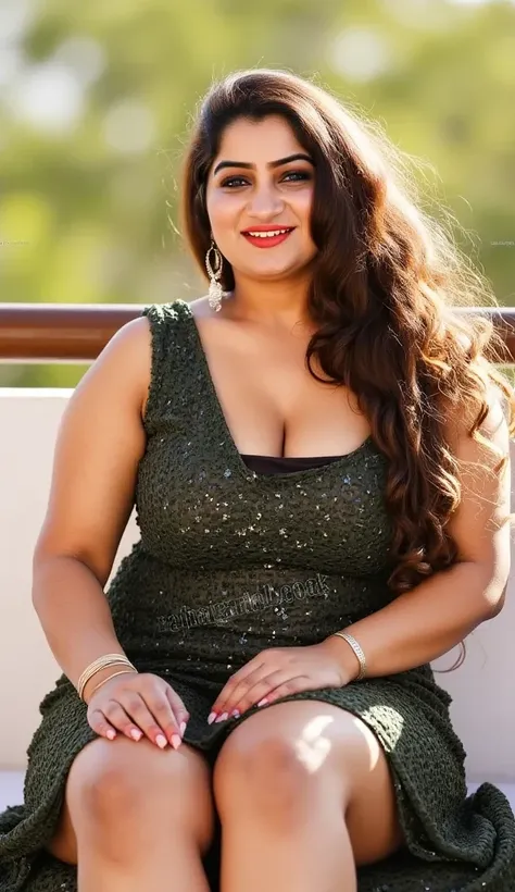 Indian beautiful woman sexy curvy plus size model wearing transparent black color saree without blouse facing to camera in sitting on a bed with her curvy legs wide open with view of her panties,head to thighs view, curvy plus size figure,big m-cup breasts...