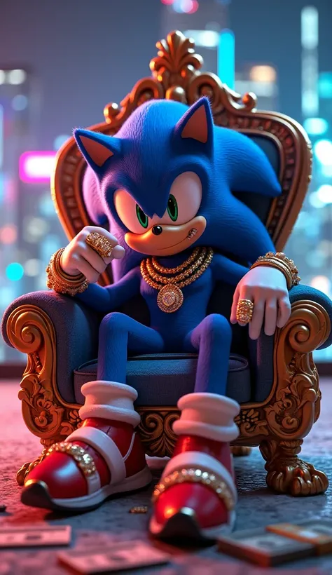 "Sonic the Hedgehog, the ultimate speedster, sitting on an extravagant diamond-encrusted throne in a high-end penthouse overlooking the neon-lit city skyline. He’s rocking a custom Balenciaga tracksuit, layered with thick gold Cuban chains, multiple diamon...