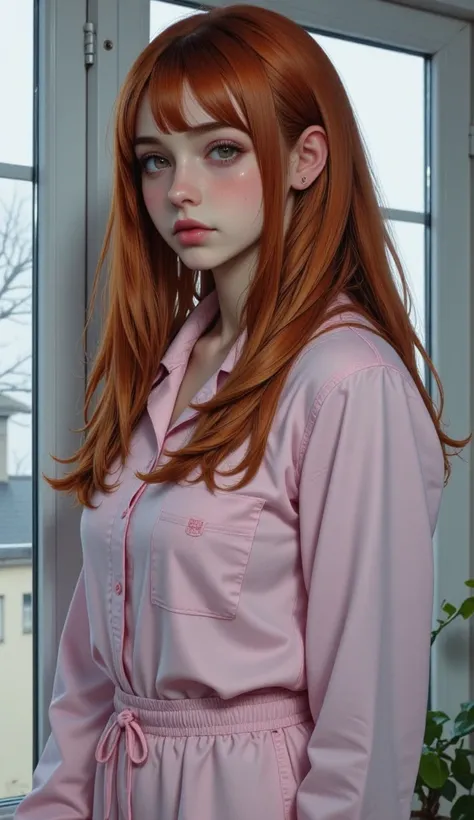  A girl with red hair , long. Clear skin and brown eyes.  She is in front of a window in her room looking forward,  towards the camera . He has an irritated expression. Wear pale pink long-sleeved pajamas. Su cabello en long con ondas. The scene is in cold...