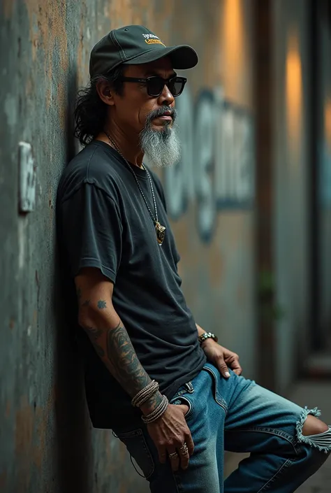 A young Indonesian man of 40 years of standard body wearing a softball hat semi long hair sunglasses t-shirts wearing hand earrings tattooed ripped jeans leaning against a wall that says RENGGINANG the background of a dim wall with a little light looks rea...