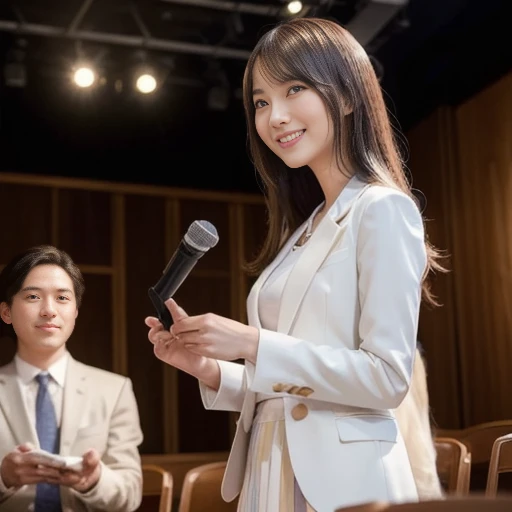 A woman emceeing a lecture, standing to the side of the stage, she is wearing a cream colored suit and skirt, captured from a frontal downward perspective, there are audience members sitting in the background, illuminated by warm lights, the surroundings a...