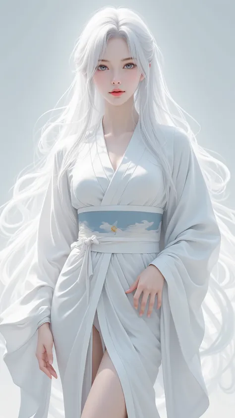  depicts an independent woman standing ， imagines a masterpiece ， wearing a white kimono 。 in a white kimono ，ice blue eyes， with white hair Liu Hai ， with very long hair and ， with snow-white skin 。This mature 、 finely painted in a white kimono {x} The an...