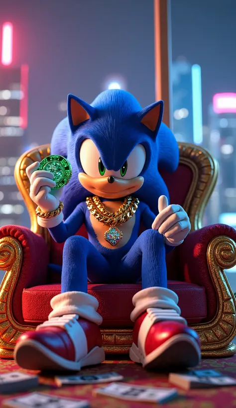 "Sonic the Hedgehog, the ultimate speedster, sitting on an extravagant diamond-encrusted throne in a high-end penthouse overlooking the neon-lit city skyline. He’s rocking a custom Balenciaga tracksuit, layered with thick gold Cuban chains, multiple diamon...