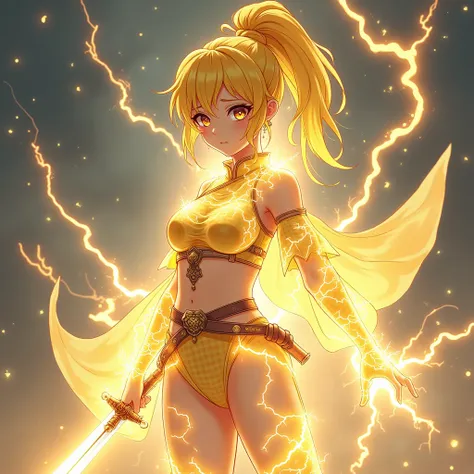 a  cute sexy samurai ( cute, Age 25,  ponytail on panty, (Hair that shines yellow)　golden combat uniform、( The combat uniform wears lightning like the god of thunder)　( dazzling, lightning-like clothes)　　(Legs are hidden, Controlling Lightning) 　(I'm pract...