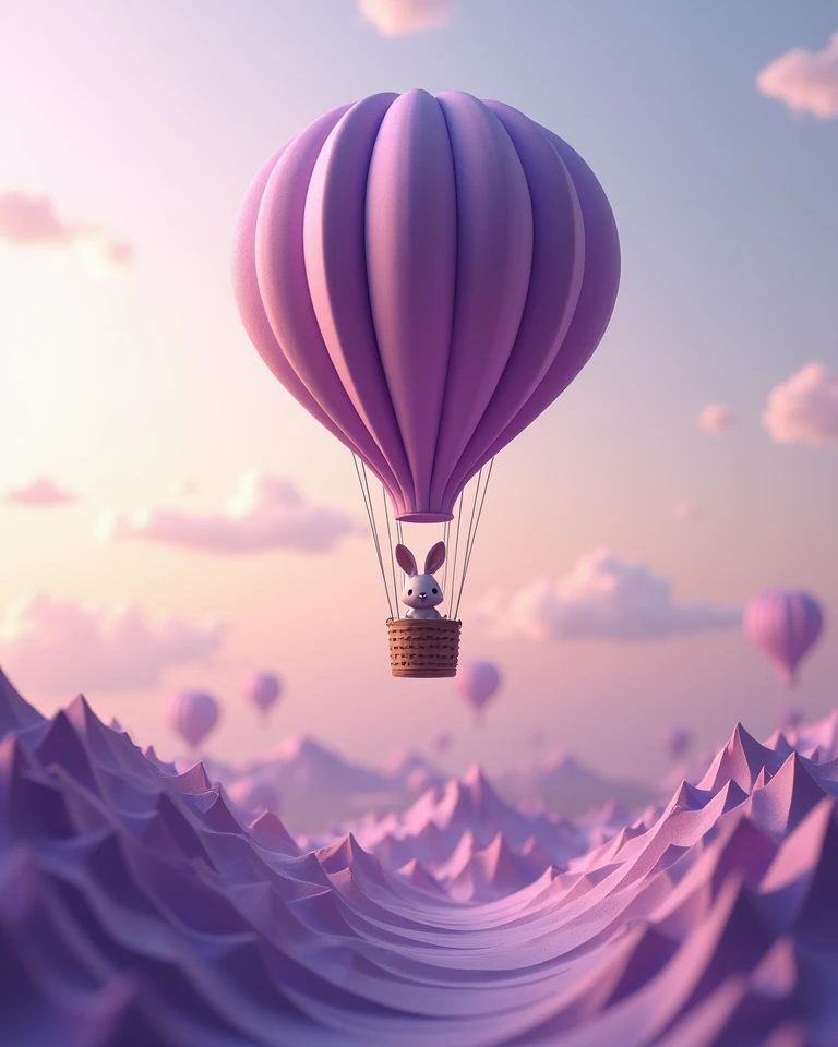 A beautiful hot air balloon in purple , complex paper crafts, origami-inspired textures,  soft light, atmospheric haze, a peaceful landscape, delicate and complex, Pastel colors,  ethereal and dreamy , masterful craftsmanship, (  rolled up ,4K,8k, highres,...