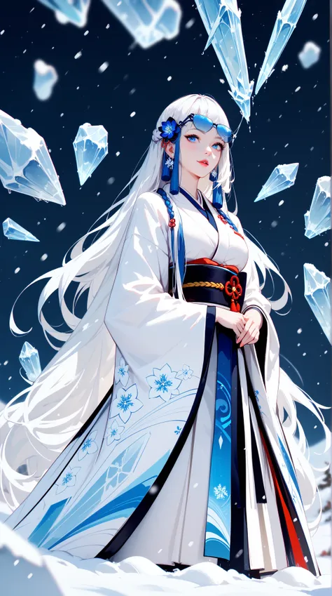  depicts an independent woman standing ， imagines a masterpiece ， wearing a white kimono 。 in a white kimono ，ice blue eyes， with white hair Liu Hai ， with very long hair and ， with snow-white skin 。This mature 、 finely painted in a white kimono {x} The an...