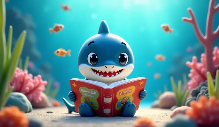 Create a baby shark reading a book