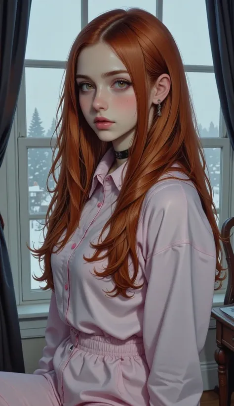  A girl with red hair , long. Light skin and brown eyes .  She is in front of a window in her room looking forward,  towards the camera . He has an irritated expression. Wear pale pink long-sleeved pajamas. Su cabello en long con ondas. The scene is in col...