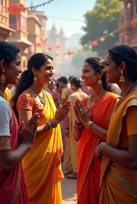 A picture of Indian people communicating, says ng namaste or any nonverbal and verbal gesture that they do