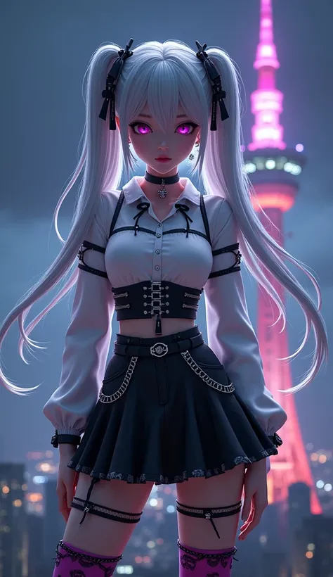 3D anime, gothic style,full body，  girl, long silver hair, double ponytails, pink earrings, purple eyes, white long-sleeved collared shirt with strappy black ribbon on the sleeves of the shirt, black belt-style ties on the front of the closed shirt, black ...