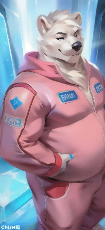   alone  , Male tall  , Big torso  ,stand , Ice,white bear ,  pink Military Spacesuit,   Overweight  ,   muscle bundle, Smirk, by chunie  