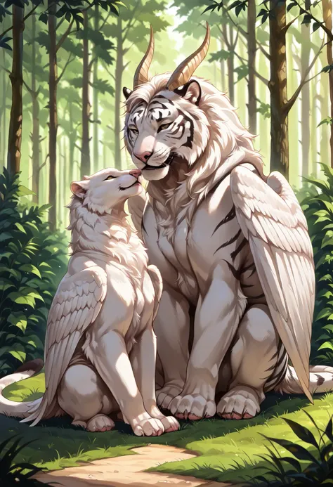 ((masterpiece, top quality, Highest image quality , high resolution, Realistic, original photo, extremely detailed unified CG 8K wallpaper)), In the forest,An animal obtained by combining a tiger and a white eagle,Pure white feathers , furry hair ,Tw...