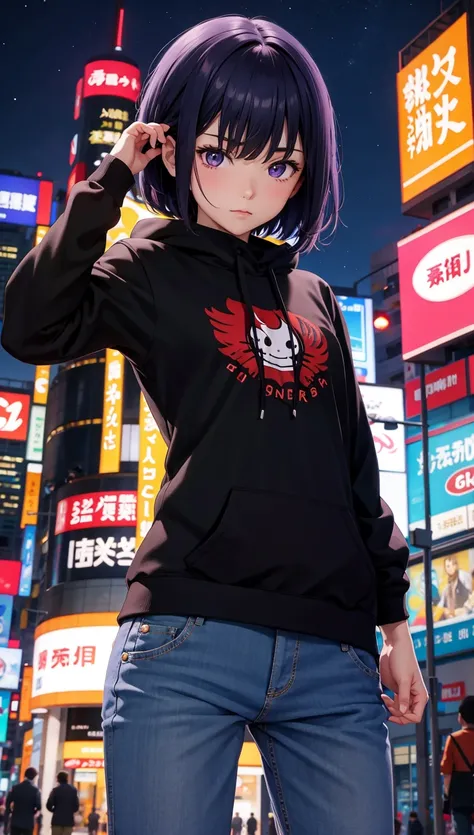 Anime screen caps with high definition images, night city , moon,  1 girl, Alone,  short hair,  black hair,  purple eyes,  is watching viewers ,  hair between eyes, Front , cowboy shot,  Closed Mouth,  Face Details ,  red sweatshirt,  black pants, Watching...