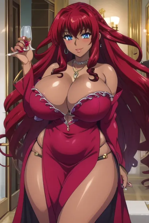 Rias Gremory, Blue eyes, long sleeve thin red dress with long slit,((enchanted Big breast)),cleavage,sultry and busty breast,Plump,Wedding ring,Golden bracelet,jade Jewel pendant,drop earring,Red lipstic,Glossy lipstic,Red long nail,Mature,Half eyes open,T...