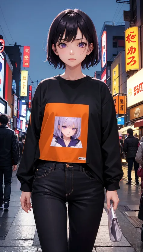 Anime screen caps with high definition images, night city , moon,  1 girl, Alone,  short hair,  black hair,  purple eyes,  is watching viewers ,  hair between eyes, Front , cowboy shot,  Closed Mouth,  Face Details , Orange sweatshirt ,  black pants, Walki...