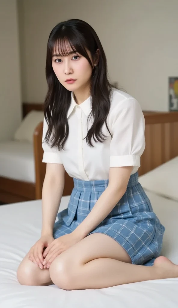   alone、natural body shape、  white skin、   natural cosmetics 、    black hair、bangs、    straight long hair  、、(expensive  、  barefoot、  white blouse、  blue plaid pleated skirt)、、(   reverse tortoiseshell  :1.3)、((    the upper body is wearing a uniform))、((...