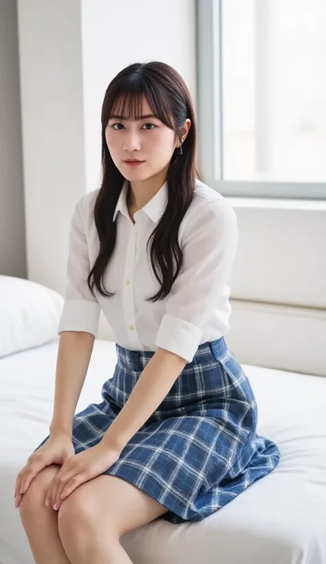   alone、natural body shape、  white skin、   natural cosmetics 、    black hair、bangs、    straight long hair  、、(expensive  、  barefoot、  white blouse、  blue plaid pleated skirt)、、(   reverse tortoiseshell  :1.3)、((    the upper body is wearing a uniform))、((...